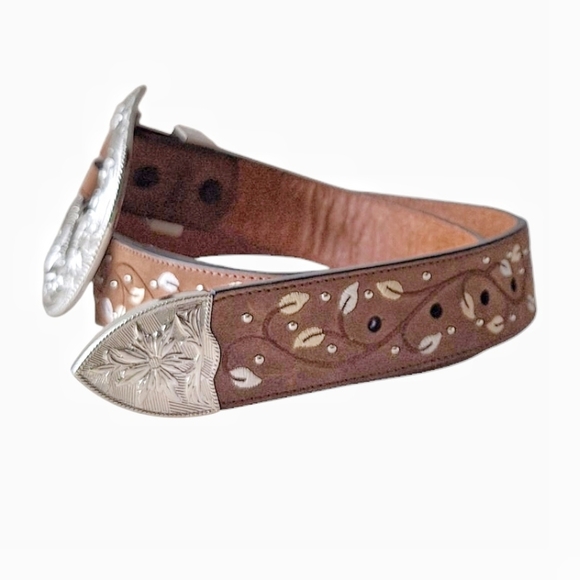 3D Ladies Silver Stud and Embroidered Leaf Embellished Leather Western Belt 36 main image 8